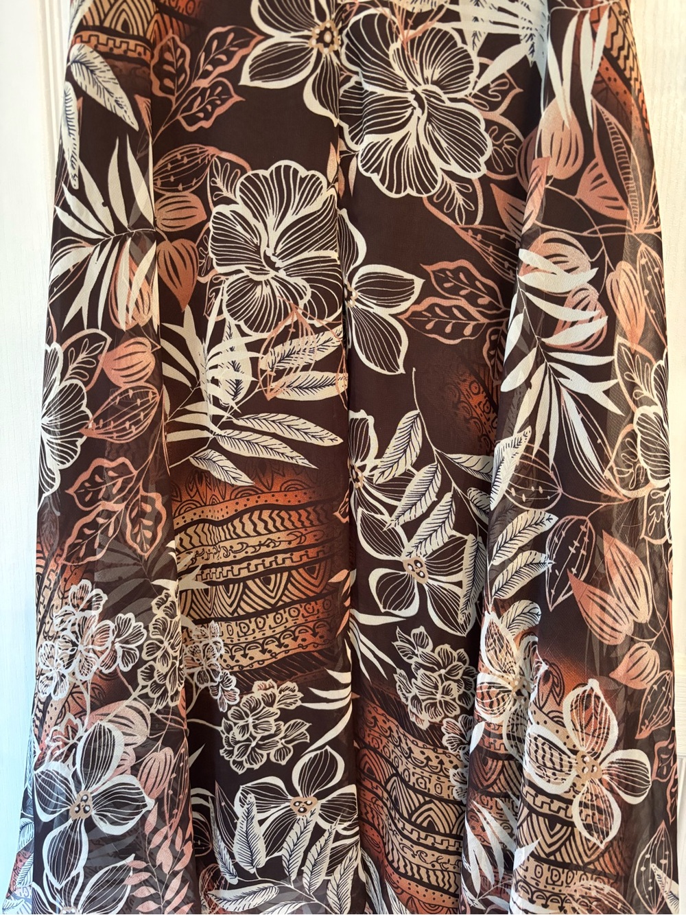 Floral Brown Midi Dress with Cream & Tan Leaf Print - Picture 4 of 6